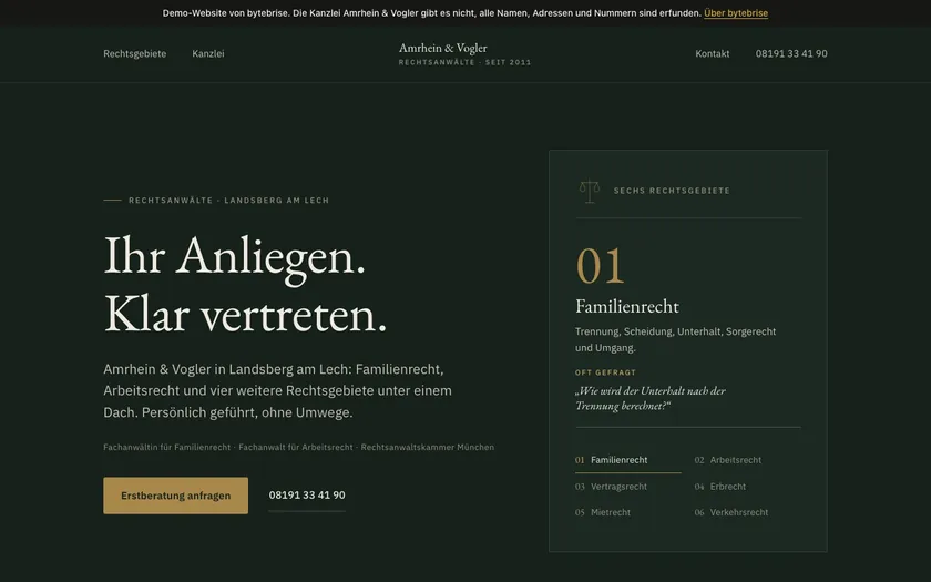 Law firm demo Amrhein & Vogler: home page on a laptop