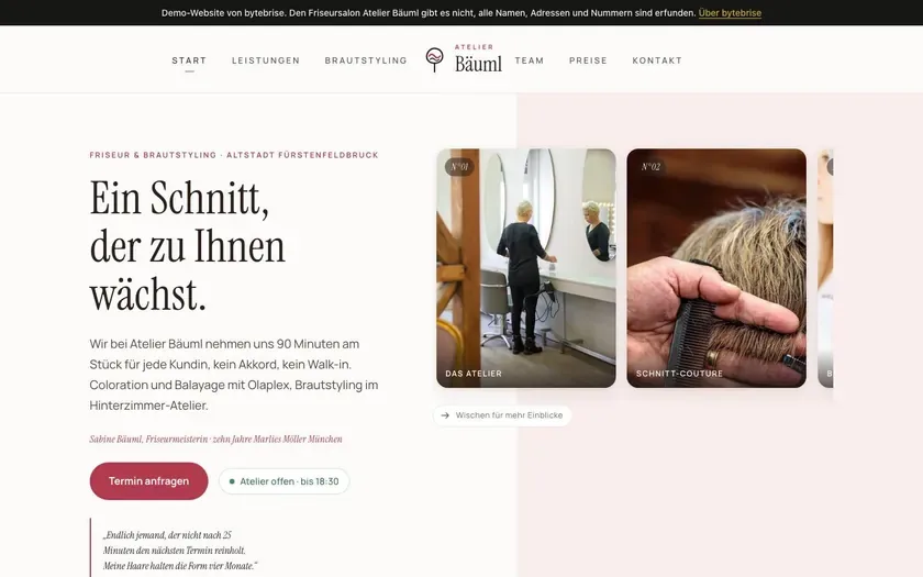 Hair salon demo Atelier Bäuml: home page on a laptop