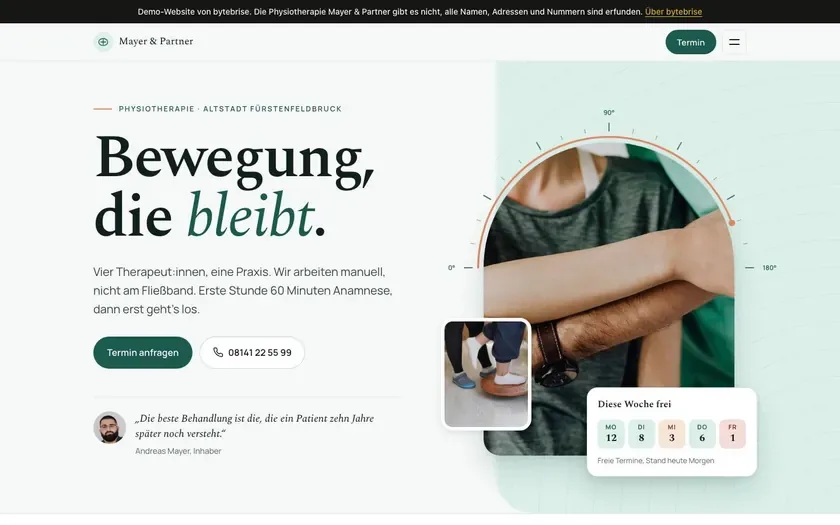 Physiotherapy demo Mayer & Partner: home page on a laptop