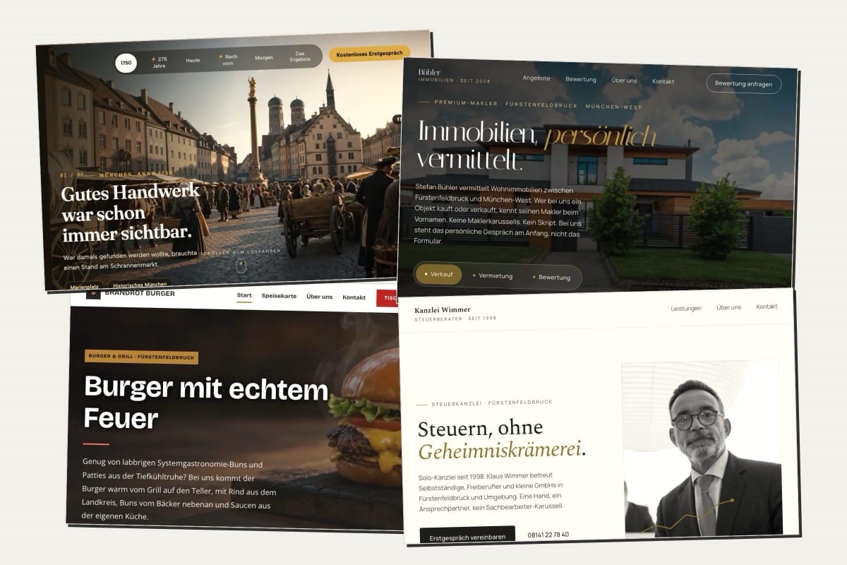 Vier bytebrise-Template-Websites als Druckbögen auf dem Redaktionstisch