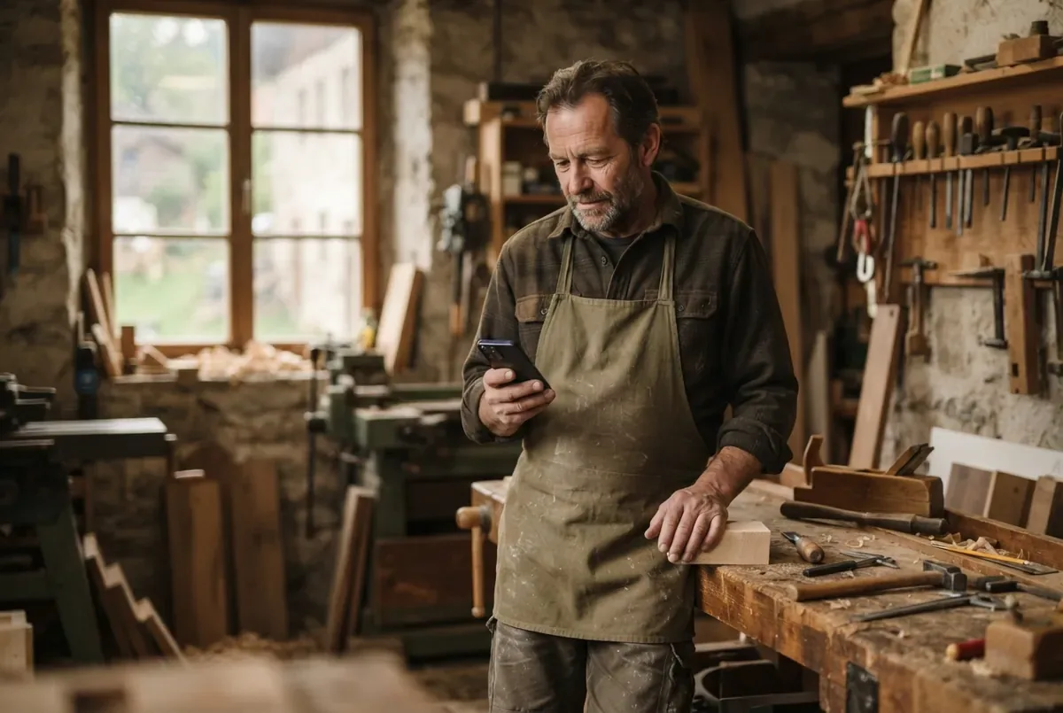 Joiner in a green apron looking at his smartphone in his workshop, a window on the left, tools on the wall on the right; AI-generated example image.