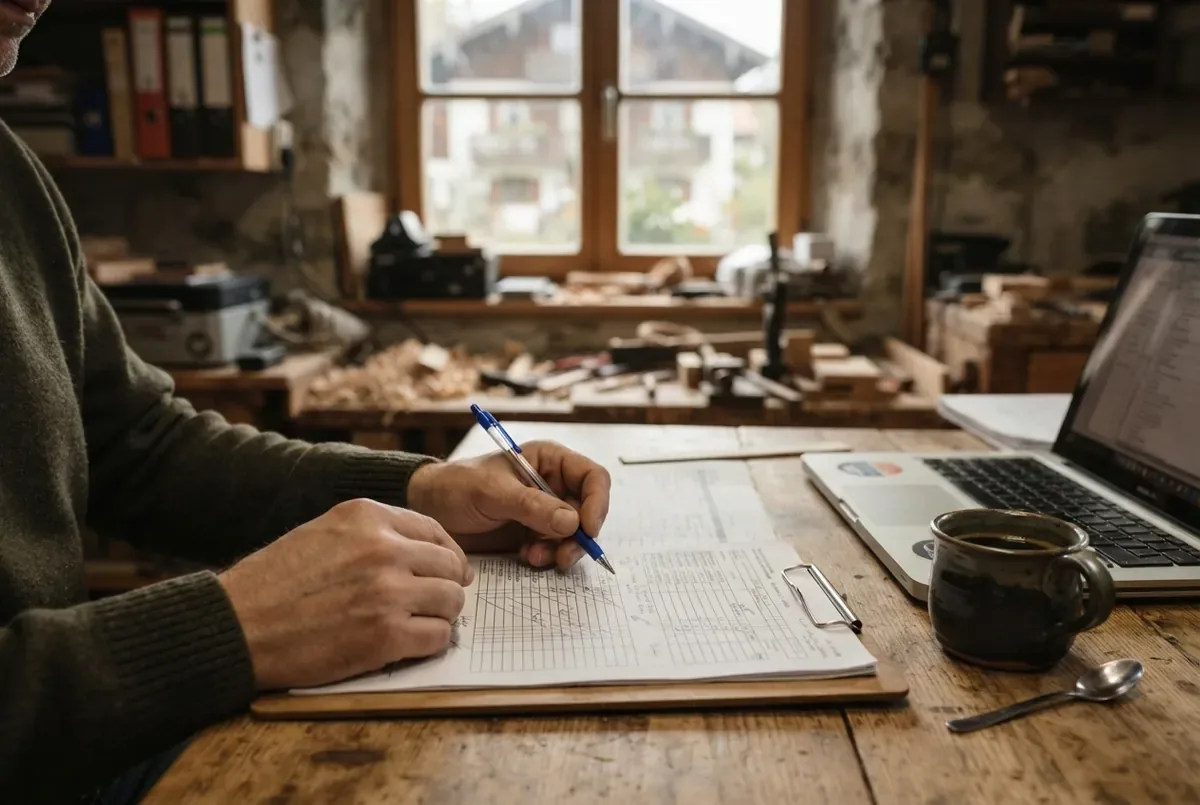 Hands checking a printed quote with a ballpoint pen on a wooden desk, next to a laptop and a coffee cup; AI-generated example image.
