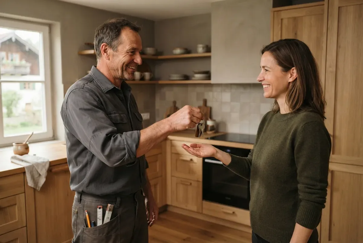 A tradesman hands the keys to a smiling customer in her new wooden kitchen; AI-generated example image.