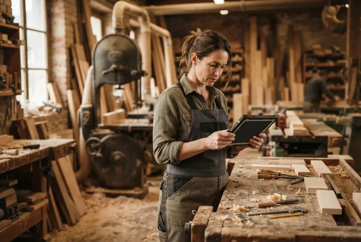 A master carpenter holds a tablet in her workshop, with a band saw and stacks of boards behind her; AI-generated example image.