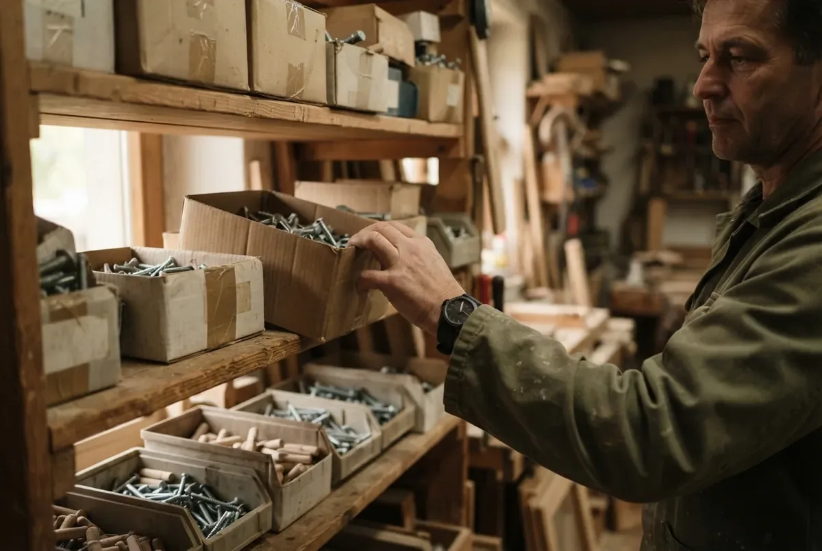 A hand reaches for a box of screws on a workshop shelf, next to more unlabelled boxes of fittings; AI-generated example image.