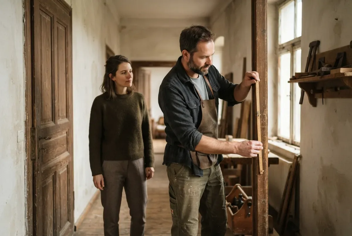 A craftsman measures a door frame with a folding rule in an old flat while the customer watches; AI-generated example image.