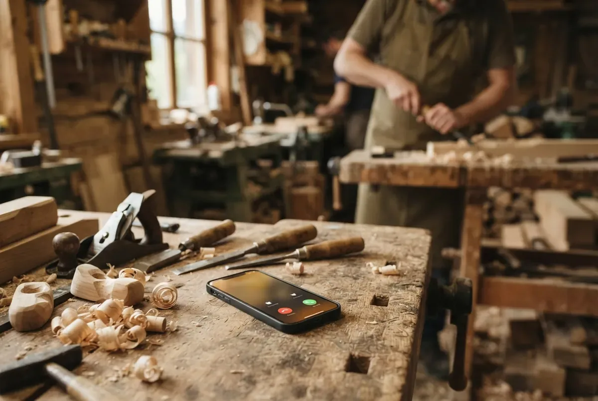 A smartphone with an incoming call lies on a workbench between wood shavings and chisels, a tradesman working in the background; AI-generated example image.