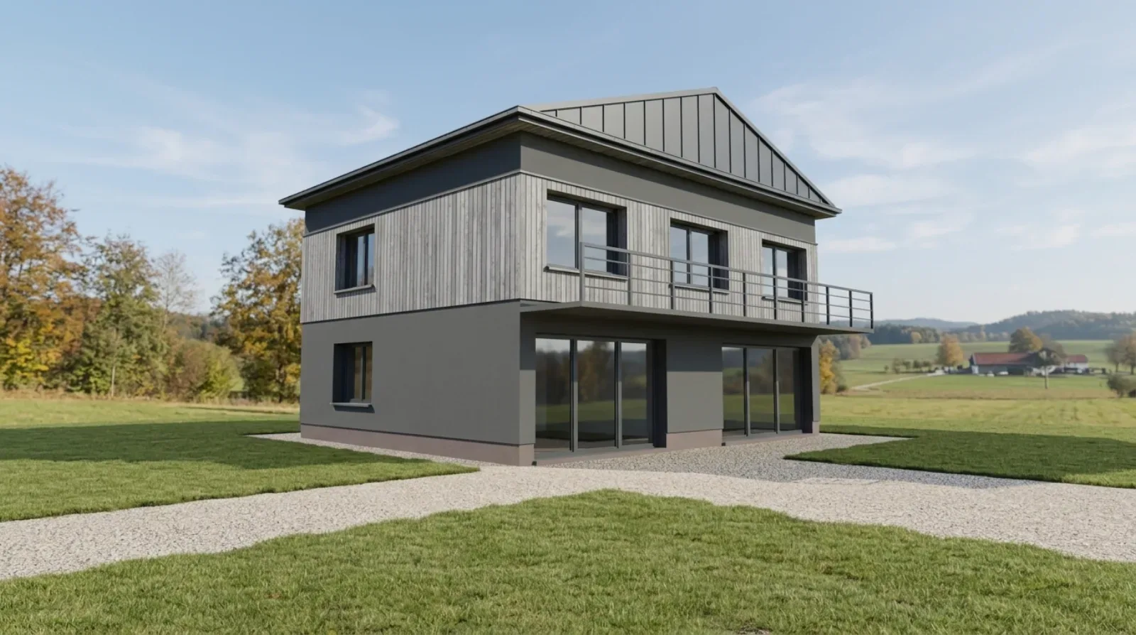 Fotoreale KI-Visualisierung des Beispielhauses mit anthrazitfarbener Fassade als Materialvariante