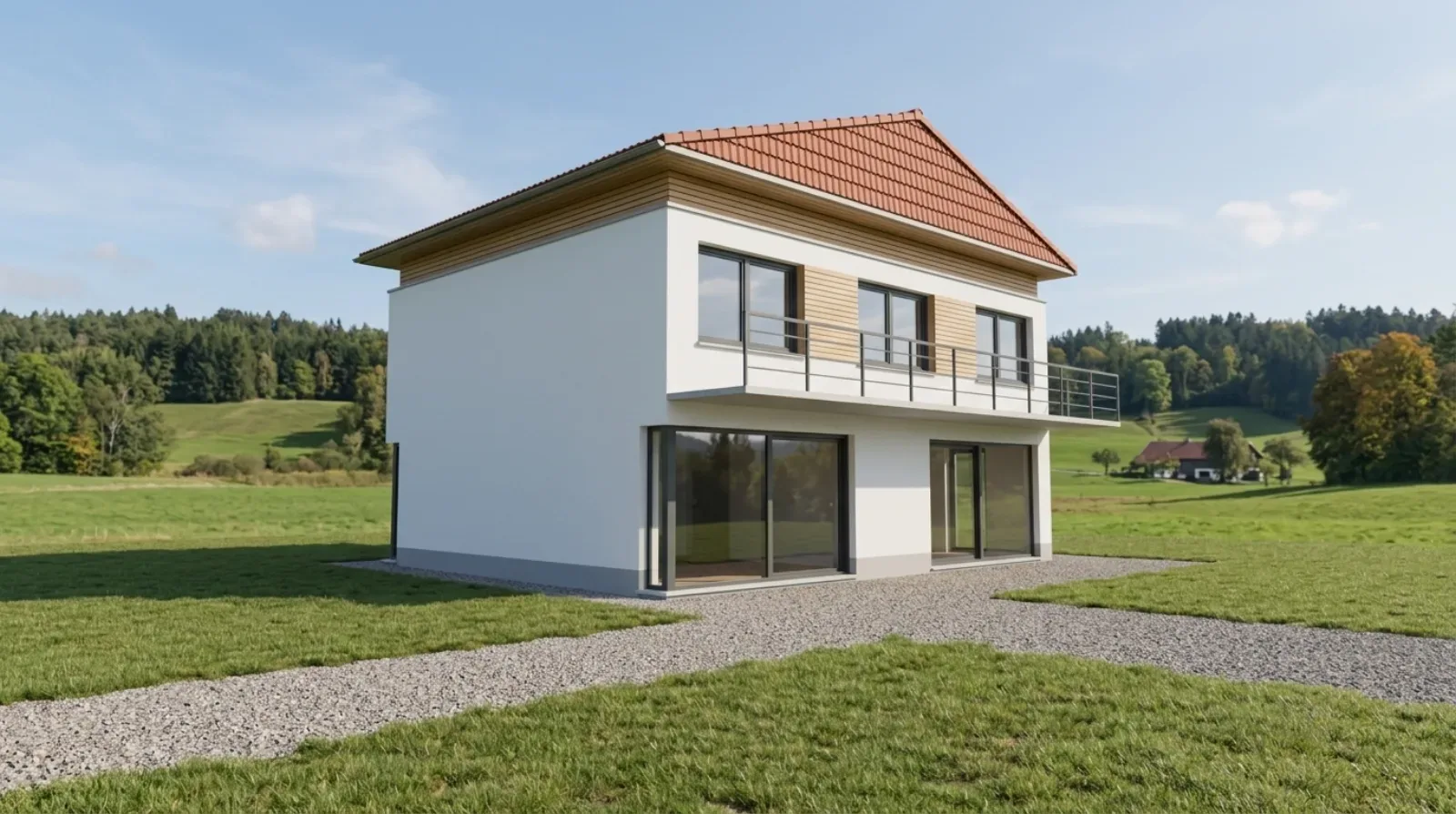 Fotoreale KI-Visualisierung des Beispielhauses mit Putzfassade, auf Basis des Rohmodells