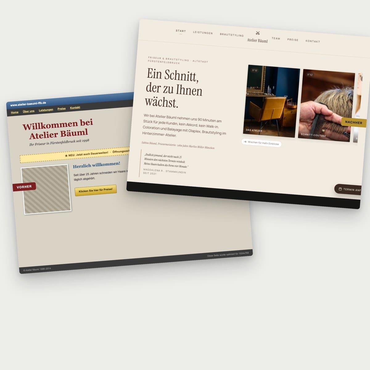 Alte und neue Version der Website eines Friseursalons im Vergleich
