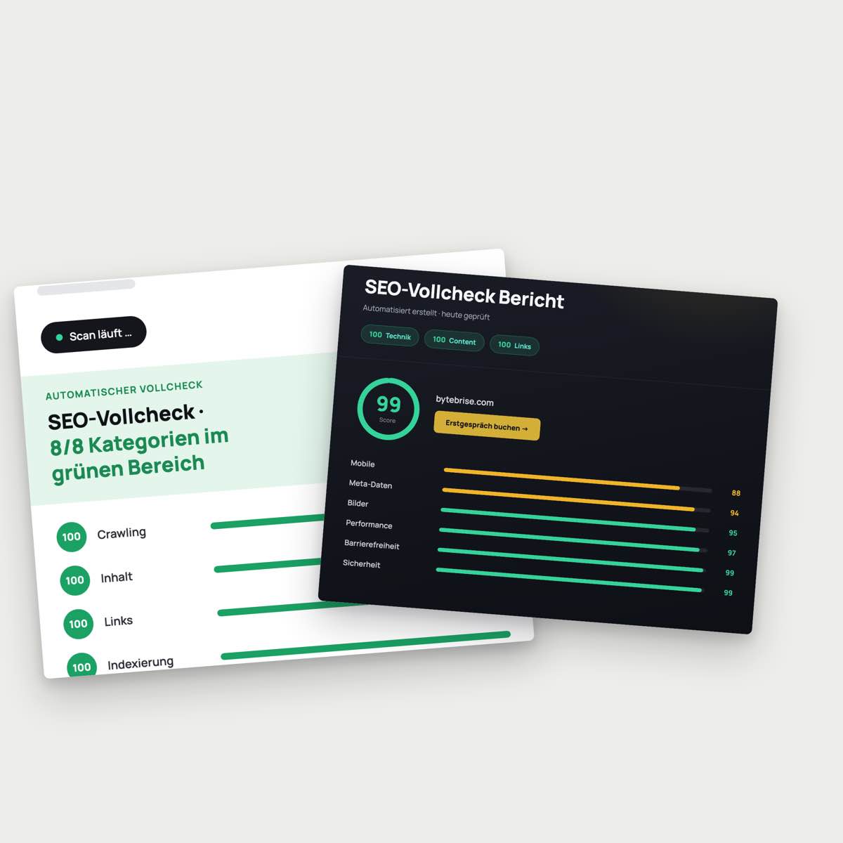 SEO-Vollcheck-Bericht mit Gesamt-Score 99 und Einzelwertungen für Mobile, Meta-Daten und mehr