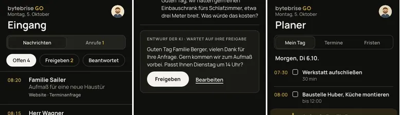 Beispielansicht der App bytebrise GO: Eingang, Antwortentwurf zur Freigabe und Planer