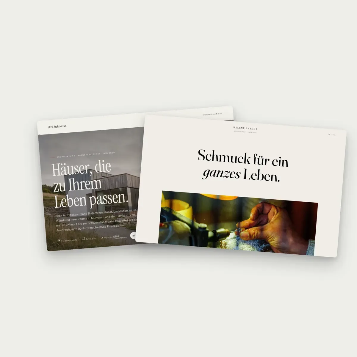 Websites eines Architekturbüros und einer Goldschmiede nebeneinander